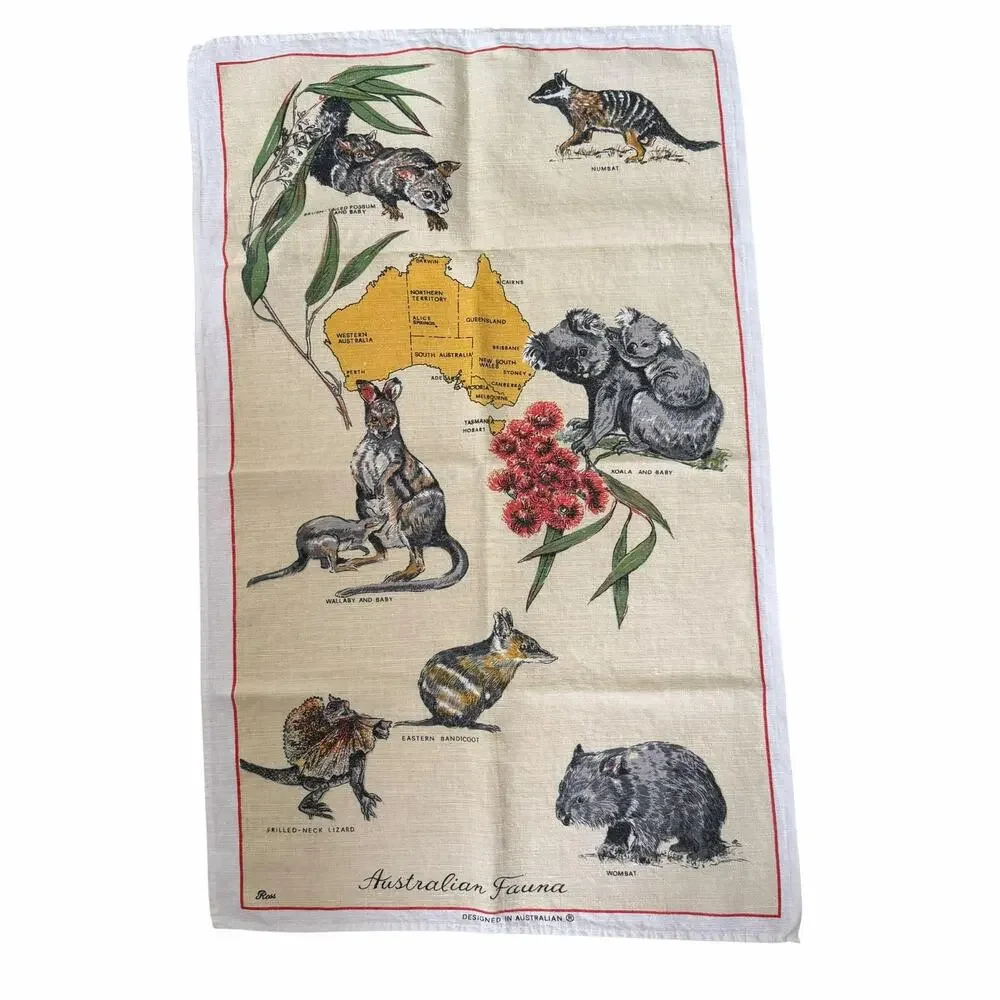 Vintage Ross Australian Fauna Tea Towel Souvenir Map Animals Cotton Linen